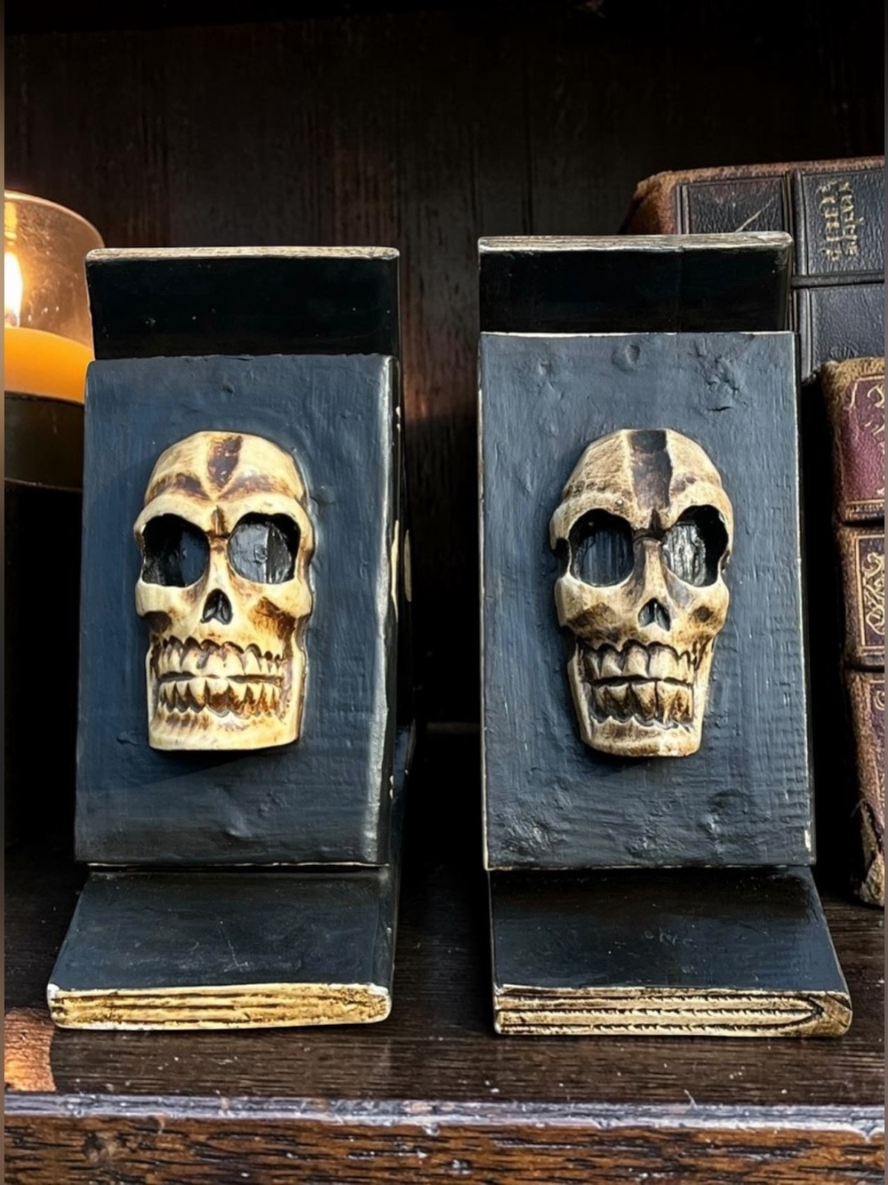 Gothic Skull Bookends Set Black Wood Halloween Decor Indonesia Hand Carved Style
